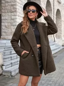 SHEIN Unity Abrigo teddy de cuello con solapa con botones - Marrón Chocolate - Ver 1