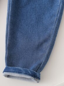 SHEIN Playful Pals 年轻男孩中性街头休闲松紧腰宽松牛仔裤配扁平口袋 - 深色水洗藍 - 查看 6