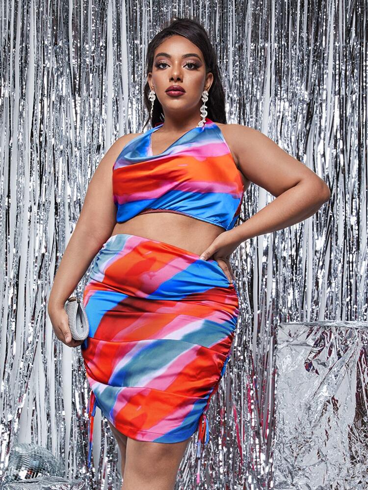 Plus Colorblock Tie Back Satin Halter Top & Ruched Skirt