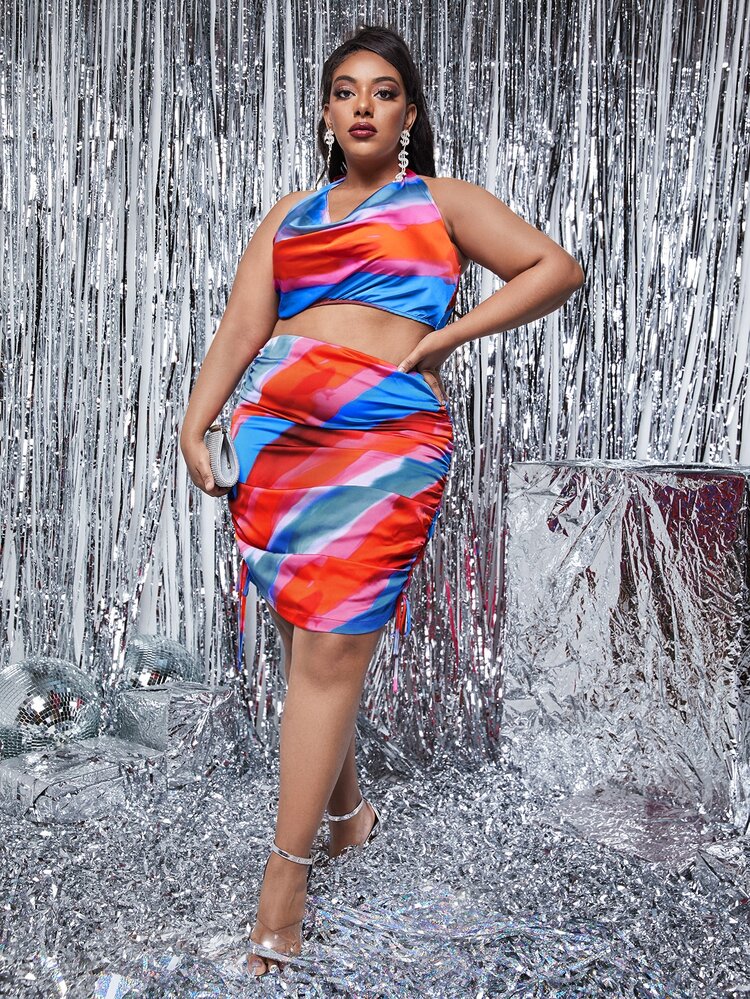 Plus Colorblock Tie Back Satin Halter Top & Ruched Skirt