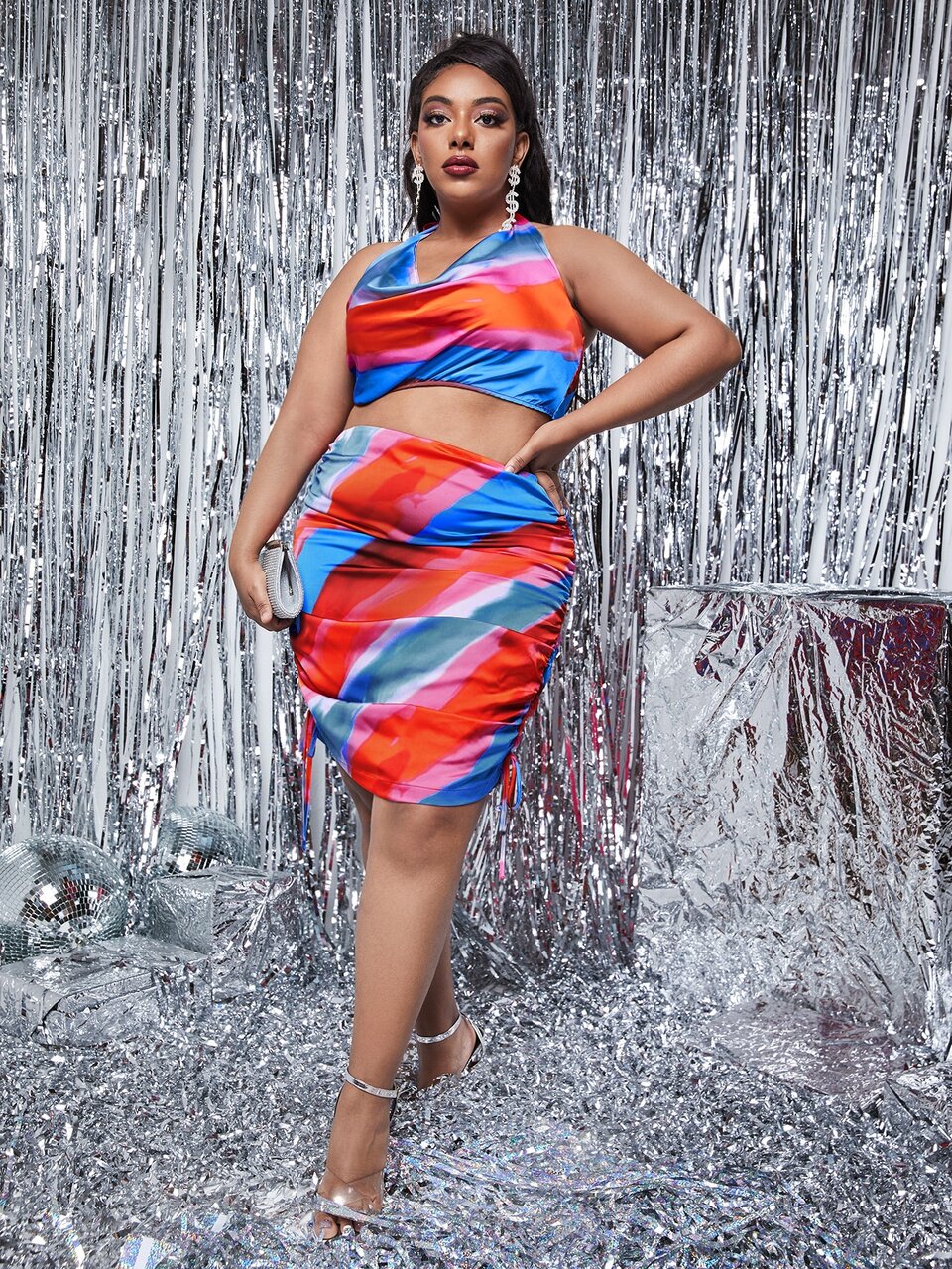 Plus Colorblock Tie Back Satin Halter Top & Ruched Skirt