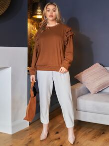 SHEIN Essnce Plus Eyelet Embroidery Ruffle Trim Pullover