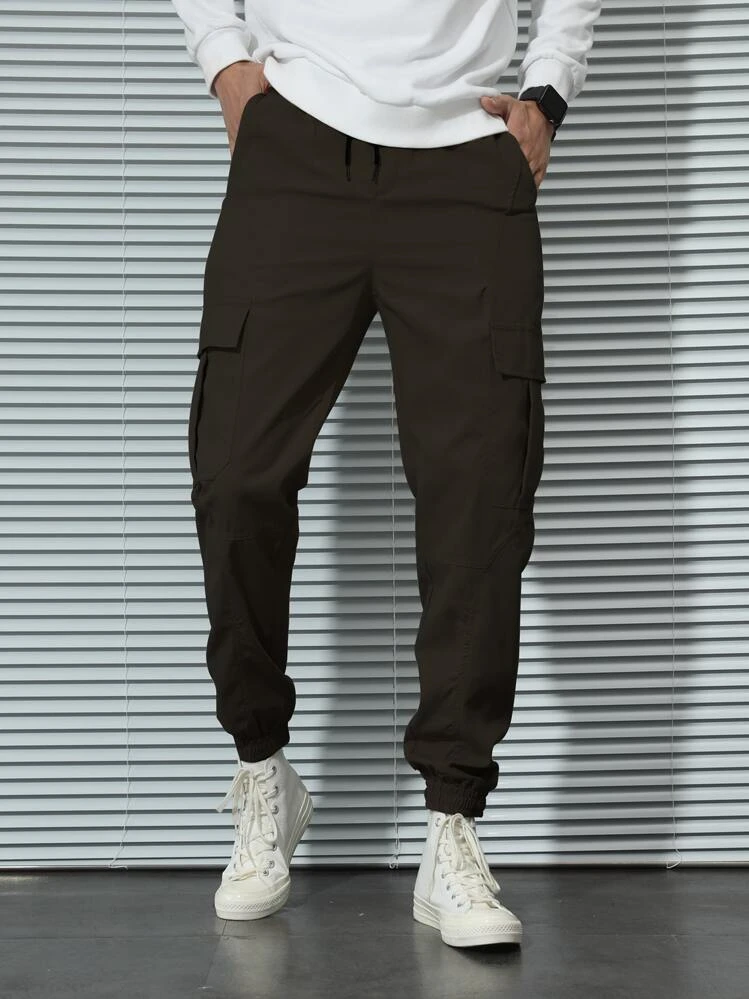Hombres Pantalones cargo con diseño con cordón con bolsillos con solapa - Negro - Añade 1