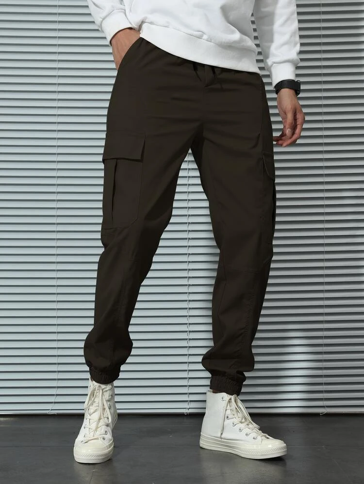 Hombres Pantalones cargo con diseño con cordón con bolsillos con solapa - Negro - Añade 5