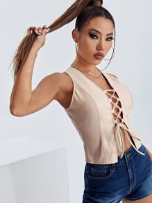 SHEIN Áo hai dây Hội Chữ thập Thắt nơ trước màu trơn Gợi cảm - Màu be - Xem 5
