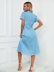 Ditsy Floral Print Knot Side Wrap Dress - Blue and White - View 2