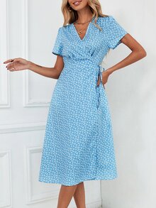 Ditsy Floral Print Knot Side Wrap Dress - Blue and White - View 3