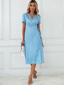 Ditsy Floral Print Knot Side Wrap Dress - Blue and White - View 5