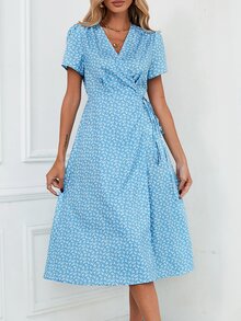 Ditsy Floral Print Knot Side Wrap Dress - Blue and White - View 6