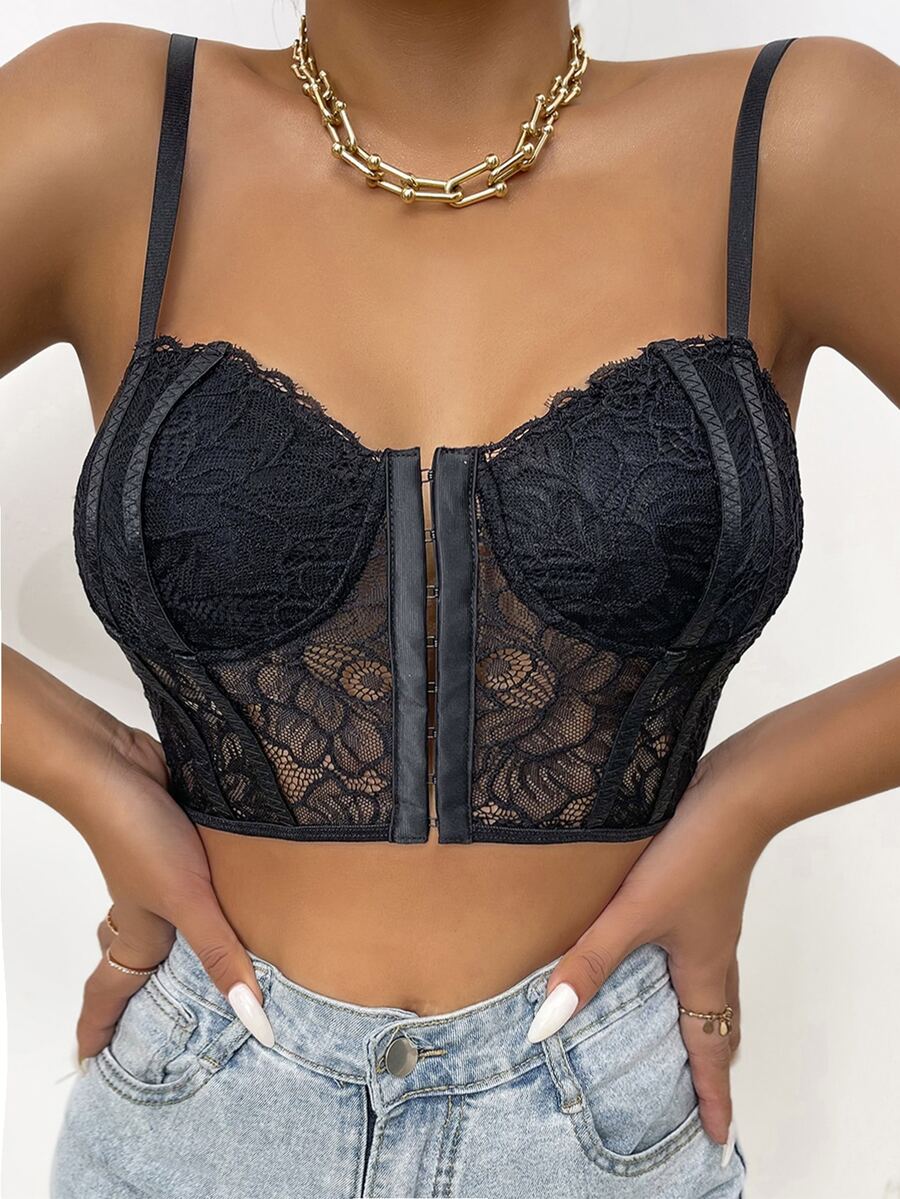 Buckle Front Contrast Lace Cami Top - Black - View 1