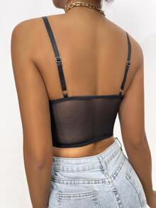 Buckle Front Contrast Lace Cami Top - Black - View 2