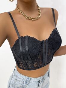 Buckle Front Contrast Lace Cami Top - Black - View 4