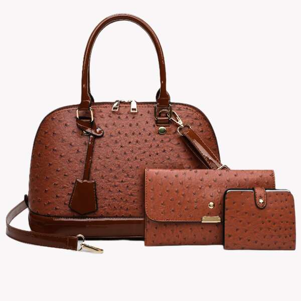 

3pcs Ostrich Pattern Dome Bag Set, Brown