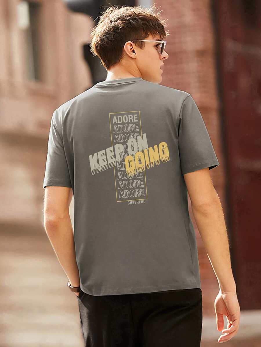 Hombres Camiseta con estampado de slogan - Gris Oscuro - Ver 1