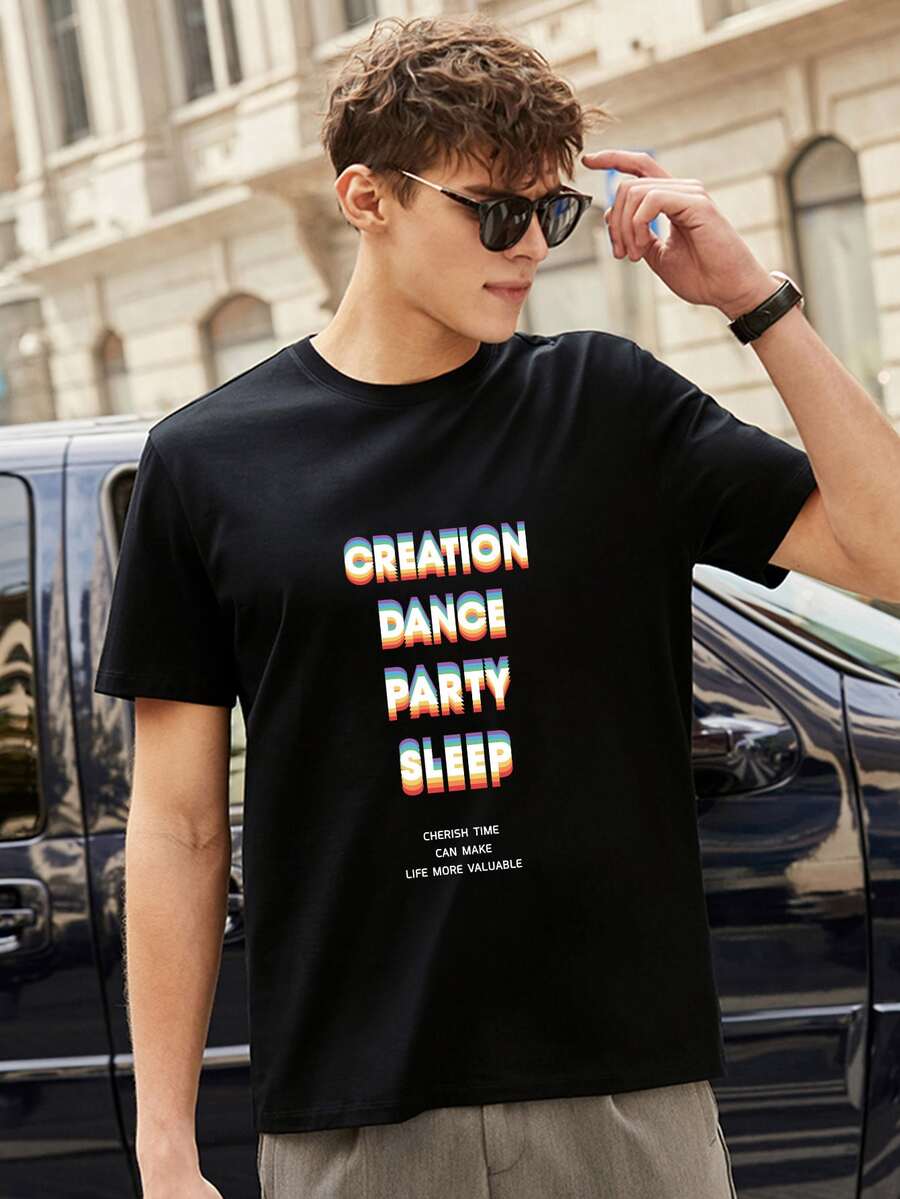 Hombres Camiseta con estampado de slogan - Negro - Ver 1