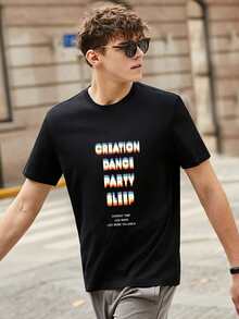 Hombres Camiseta con estampado de slogan - Negro - Ver 3