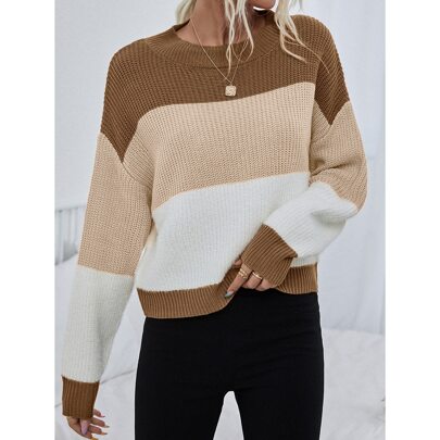 Maglione a blocchi di colore con spalle scoperte, maglioni casual a maniche lunghe con vestibilitÃ  regular da donna per primavera/autunno, multicolor