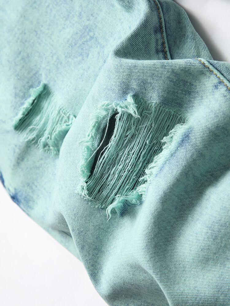 Botão Bolso Rasgado Zíper Desbotado Simples Jeans Masculina - Azul menta - Visão 4