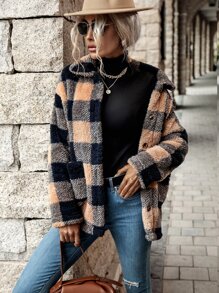 EMERY ROSE Buffalo Plaid Pattern Dual Pocket Drop Shoulder Flannel Coat Fall Winter Cloth For Women - Multicolor - View 5