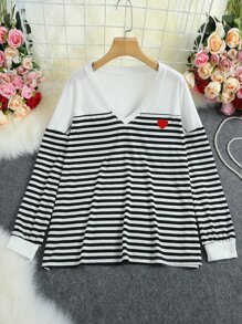 Áo thun Plus size Nghề thêu Tim Sọc Giải trí - Đen và trắng - Xem 1
