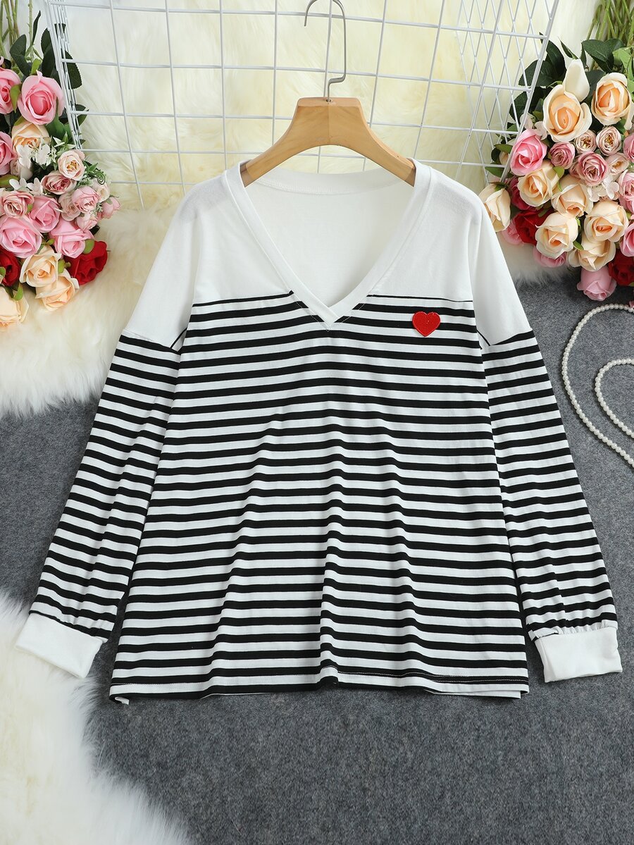 Áo thun Plus size Nghề thêu Tim Sọc Giải trí - Đen và trắng - Xem 1