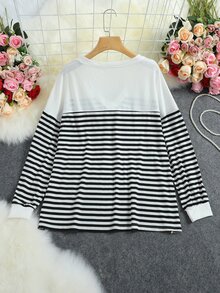 Áo thun Plus size Nghề thêu Tim Sọc Giải trí - Đen và trắng - Xem 2