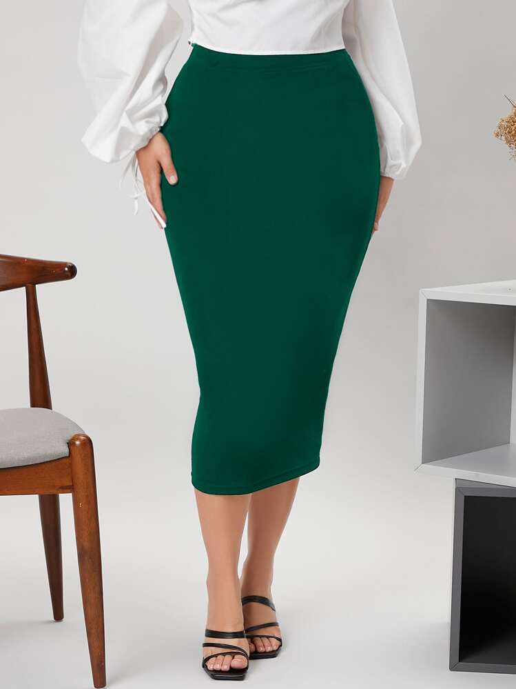 SHEIN Plus Solid High Waist Pencil Skirt - Dark Green - View 1