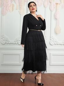 Modelyn 大碼西裝領流蘇多層下擺洋裝不附腰帶 - 黑色 - 查看 5