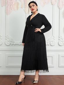 Modelyn 大碼西裝領流蘇多層下擺洋裝不附腰帶 - 黑色 - 查看 3