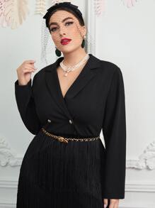 Modelyn 大碼西裝領流蘇多層下擺洋裝不附腰帶 - 黑色 - 查看 4