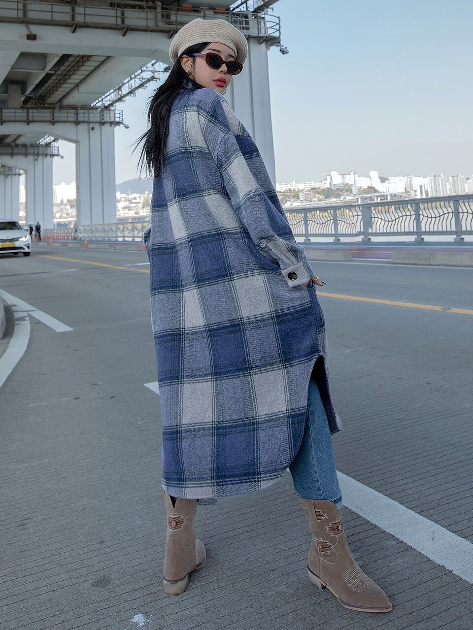 Plaid Flap Pocket Drop Shoulder Overcoat
