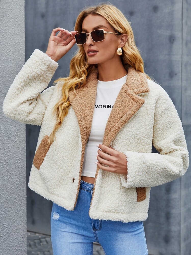 SHEIN カラーブロック スラントポケット ラペルネック フリース ジャケット - マルチカラー - 見る 1