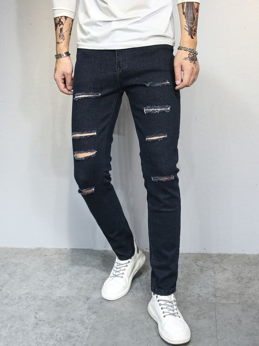 Manfinity Hombres Jeans rotos unicolor - Negro - Ver 1