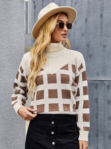 SHEIN Turtle Neck Plaid Jumper - Multicolor - View 3