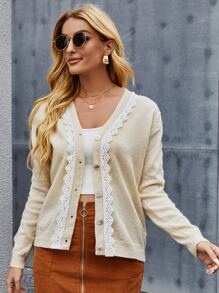 SHEIN Guipure Lace Detail Cardigan - Apricot - View 3