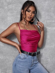 SHEIN SXY 褶邊露背繫帶吊帶連體衣 - 玫紅色 - 查看 4