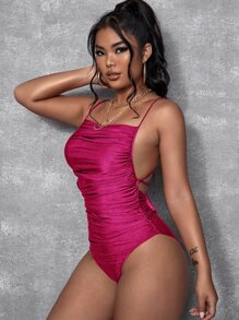 SHEIN SXY 褶邊露背繫帶吊帶連體衣 - 玫紅色 - 查看 5