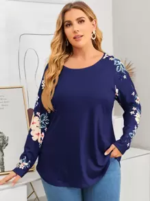 SHEIN LUNE Plus Floral Print Raglan Sleeve Tee - Royal Blue - View 1