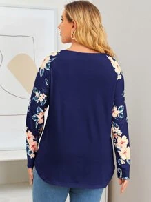 SHEIN LUNE Plus Floral Print Raglan Sleeve Tee - Royal Blue - View 2