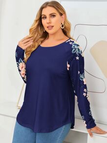 SHEIN LUNE Plus Floral Print Raglan Sleeve Tee - Royal Blue - View 3