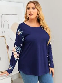 SHEIN LUNE Plus Floral Print Raglan Sleeve Tee - Royal Blue - View 5