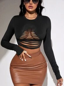 SHEIN SXY Áo thun nữ Cắt ra màu trơn Gợi cảm - màu đen - Xem 1