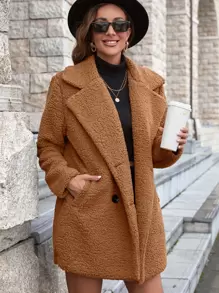 SHEIN Unity Abrigo teddy de cuello con solapa con botones - Camel - View 1
