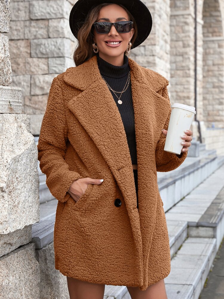 SHEIN Unity Lapel Neck Double Breasted Teddy Coat - Camel - View 1