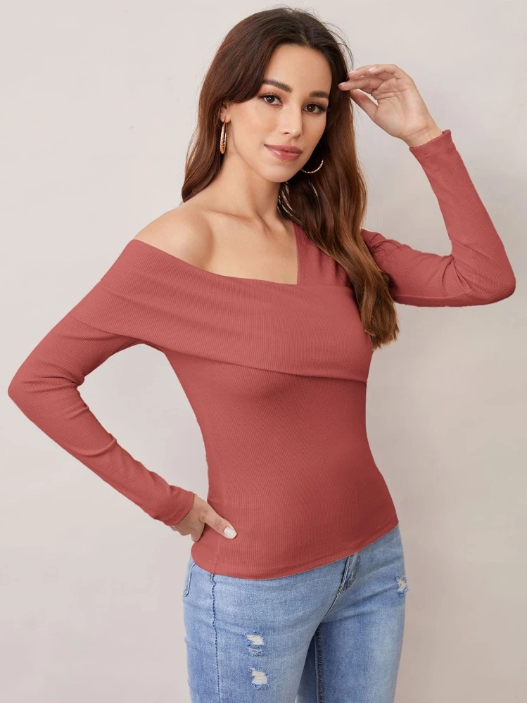 SHEIN Privé Camiseta unicolor doblado de cuello asimétrico - Rosa Oxidada - Ver 5