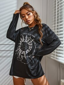 SHEIN Unity Camiseta de hombros caídos con estampado de luna y sol
