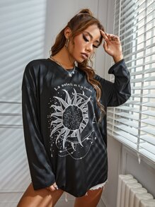 SHEIN Unity Camiseta de hombros caídos con estampado de luna y sol