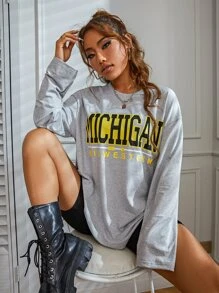 SHEIN Unity Women's Michigan Western Graphic Long Sleeve T-Shirt - Light Grey - View 2