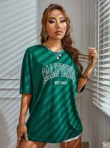 SHEIN MOOSTA Áo thun họa tiết chữ thả vai Áo thun họa tiết nữ - Màu xanh lá cây đậm - Xem 3