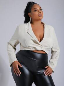 SHEIN SXY 大碼素色缺口領短版西裝 - 杏色 - 查看 1